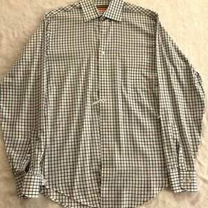 Button down dress shirt. Geoffrey Beene brand.  White w/ blue and black lines